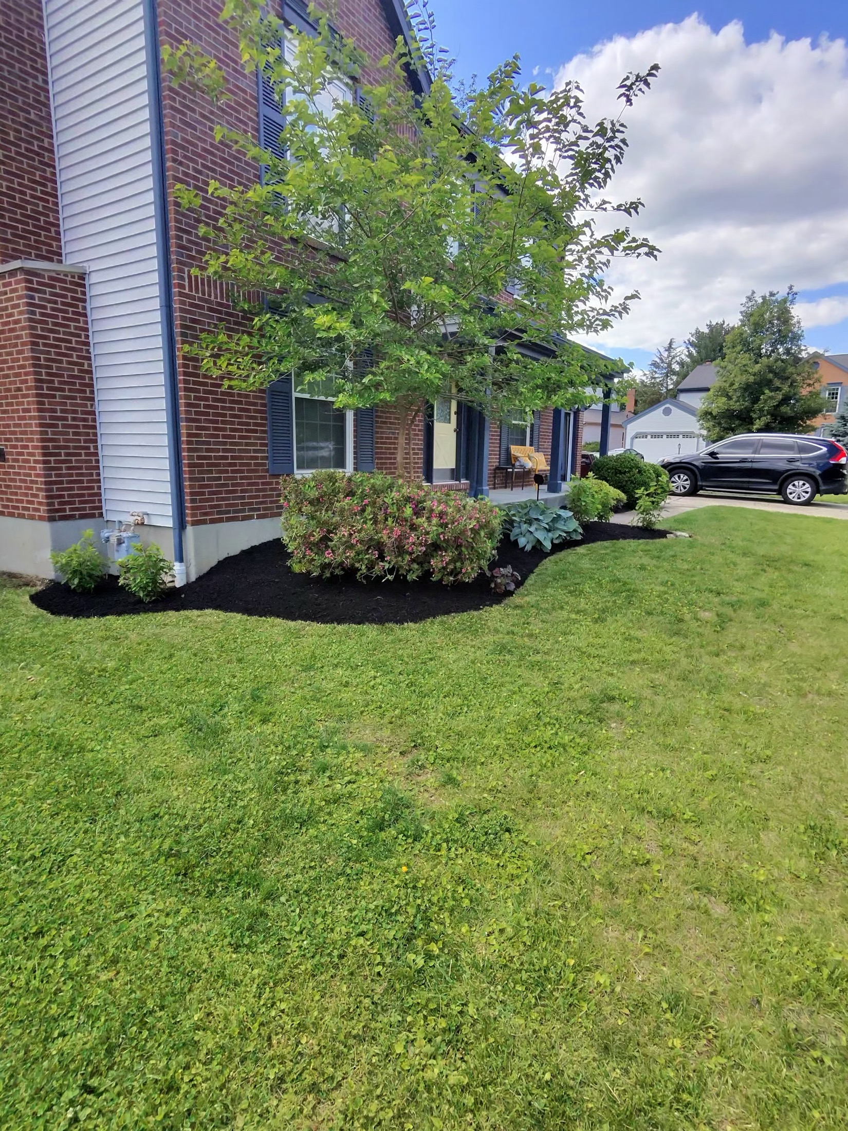 Freshly mulched foundation beds in front of a residential home